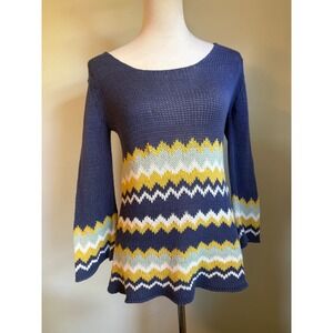 Wooden Ships Paol Blue Chevron Zigzag Knit Sweater S/M boho Y2K whimsi cozy prep